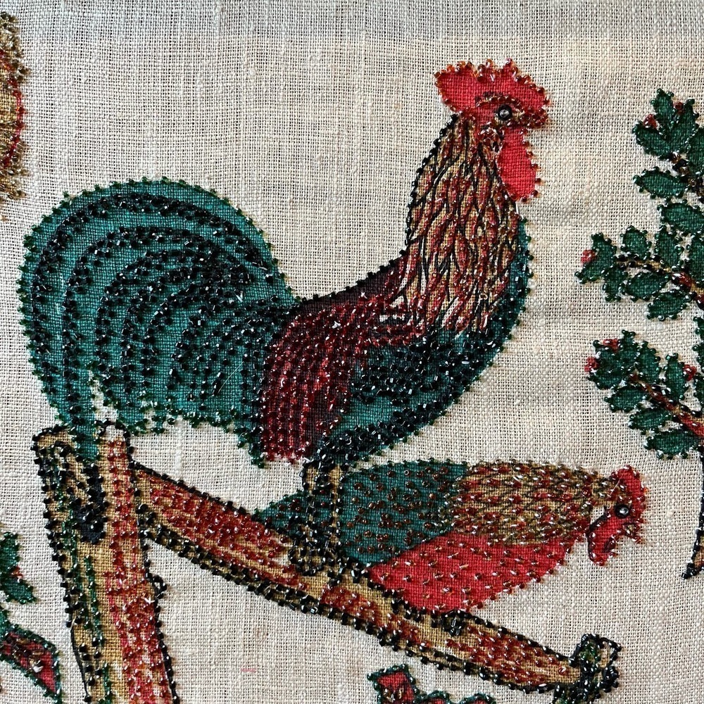 VTG Rooster Liquid Embroidery Woven Linen Pen Art w/Beaded Embellishment - Picture 2 of 12
